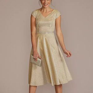 Oleg Cassini metallic champagne diamond waist formal evening midi dress, sz 6